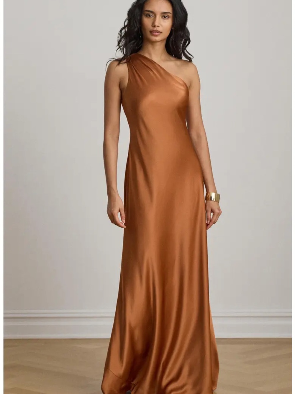 Zara One-Shoulder Satin Maxi Dress in Copper Brown